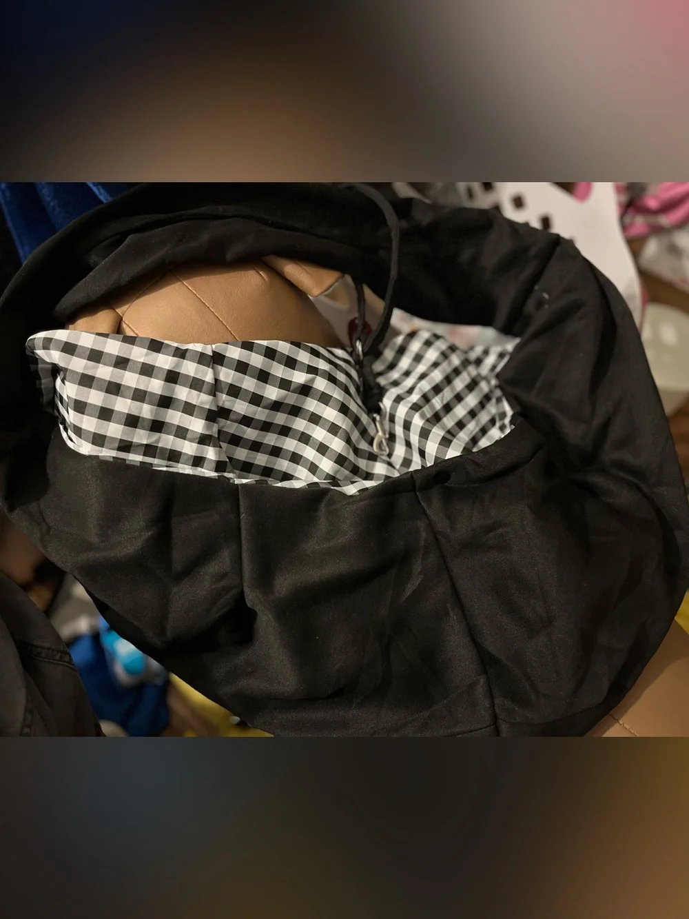 Pet Sling/Black Pet Tote Bag with Black-and-White Gingham Lining